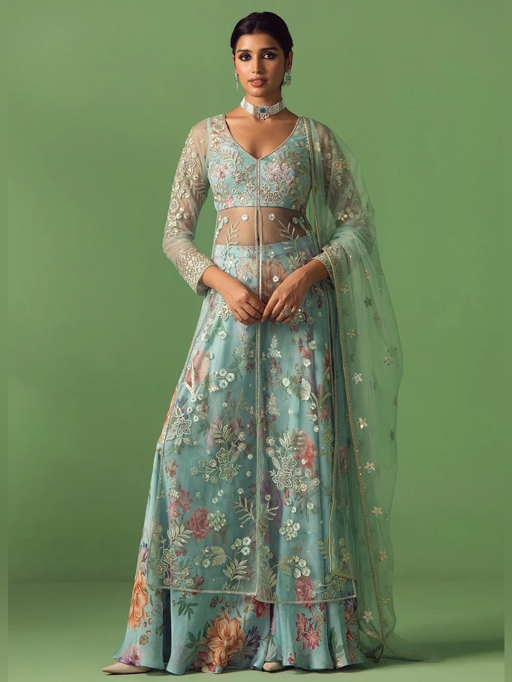 New 3 Piece Set Light Blue Embroidered Net Sharara